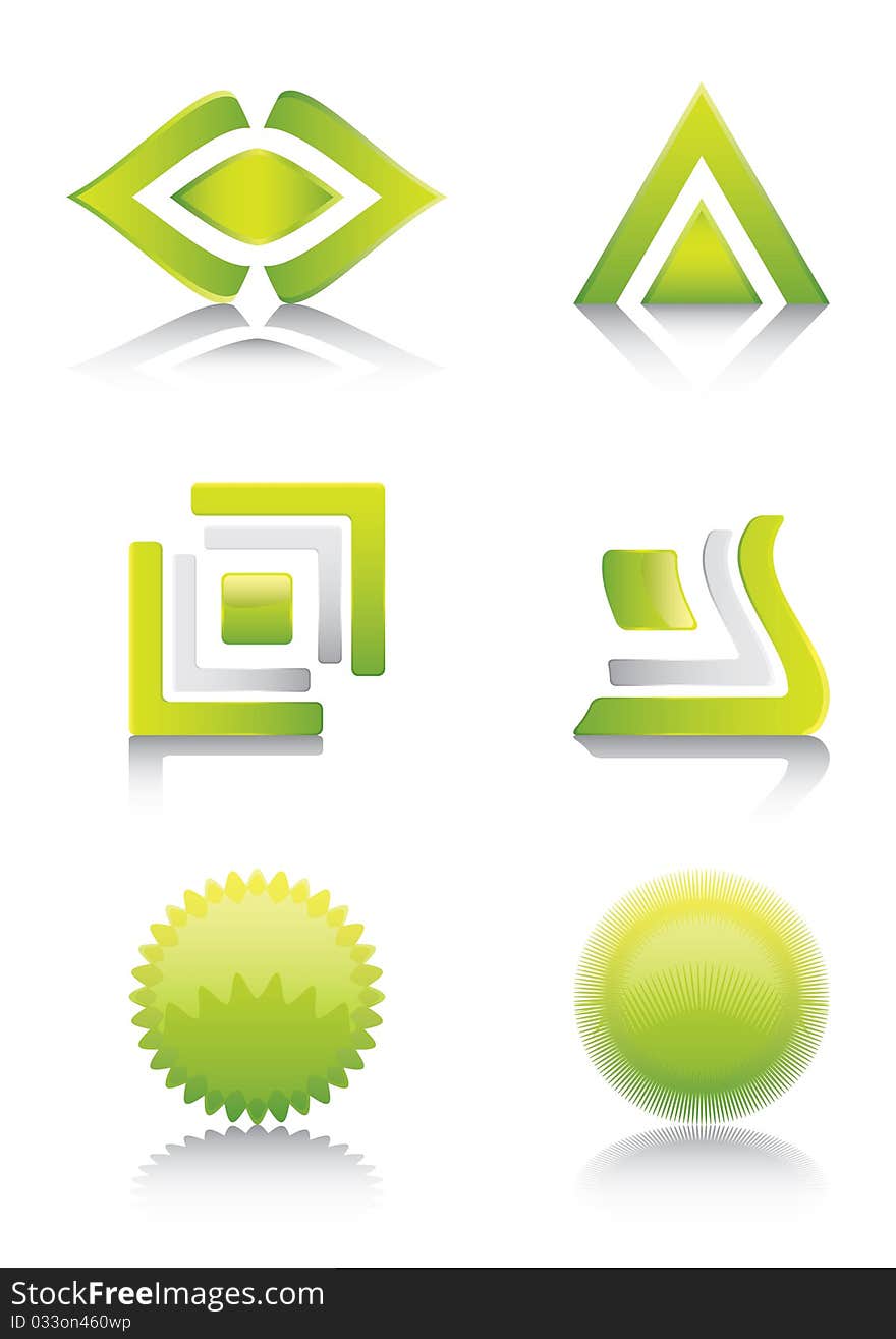 Green glossy signs and symbols set for multiply use.