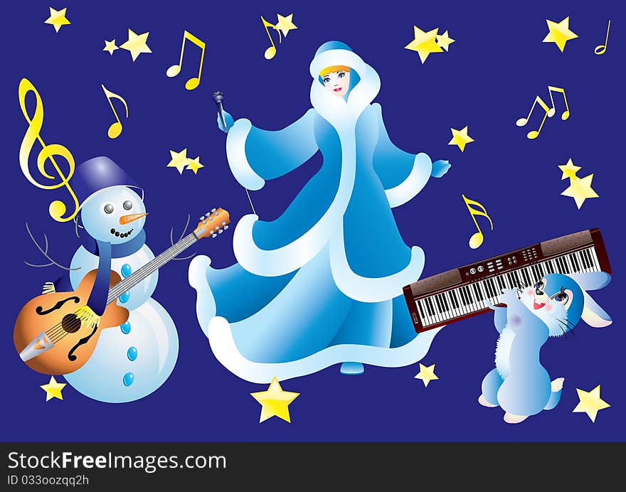 Snowman, Snow White and the rabbit with musical instruments on a blue background. Snowman, Snow White and the rabbit with musical instruments on a blue background.