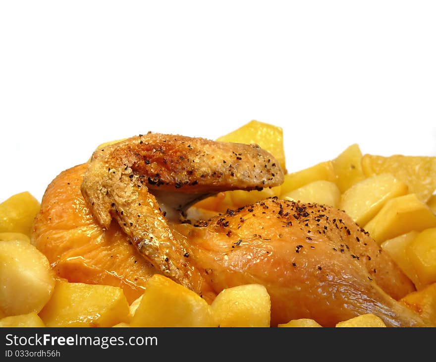 Tasty fries with chicken isolated on a white background