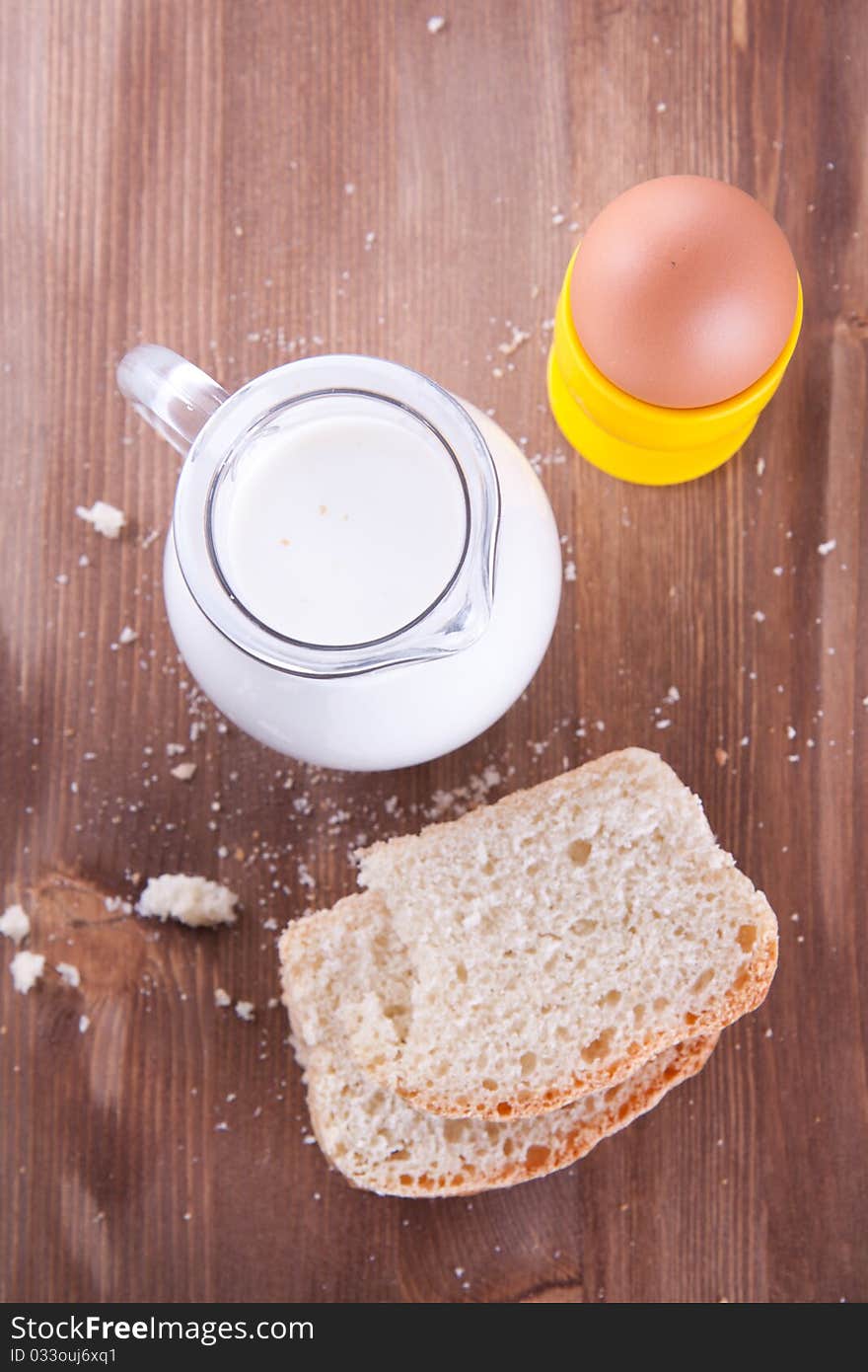 Breakfast with fresh bread, milk and egg