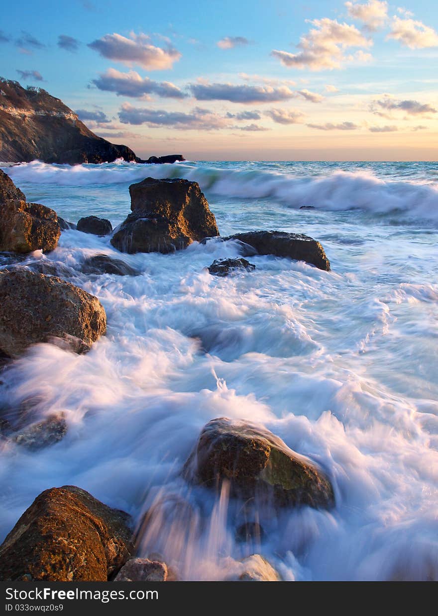 Sea and waves during sundown