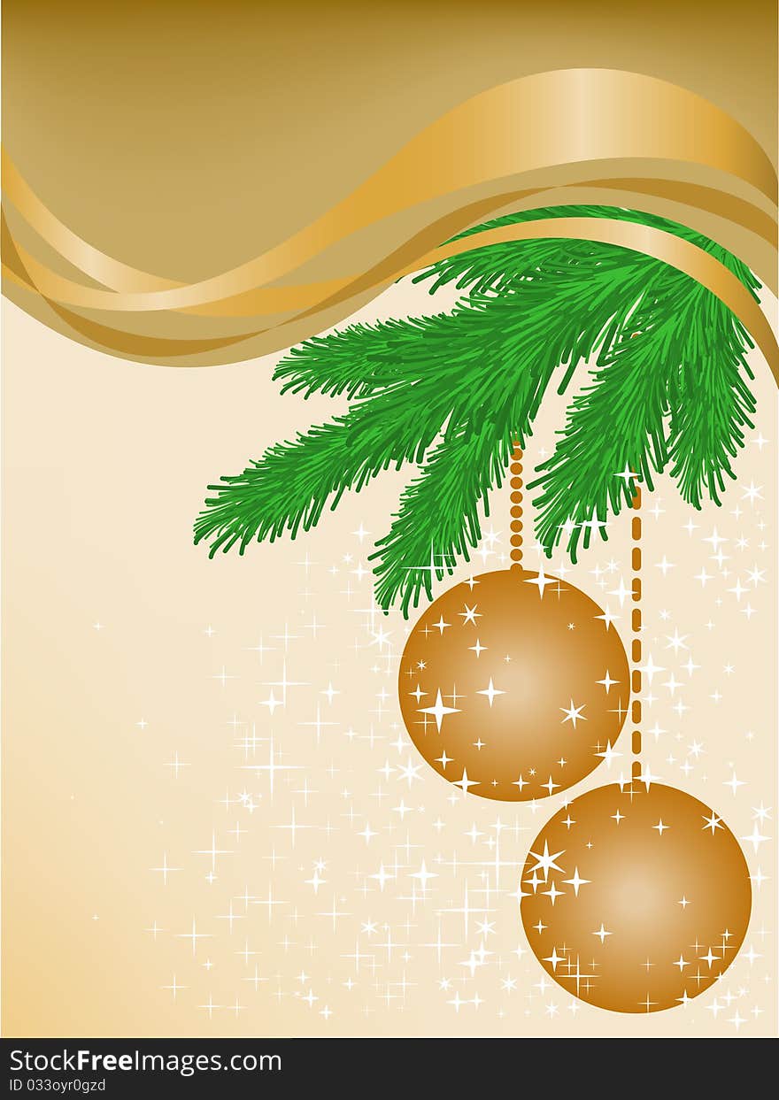 Abstract beige background with fir branches and two balls. Abstract beige background with fir branches and two balls