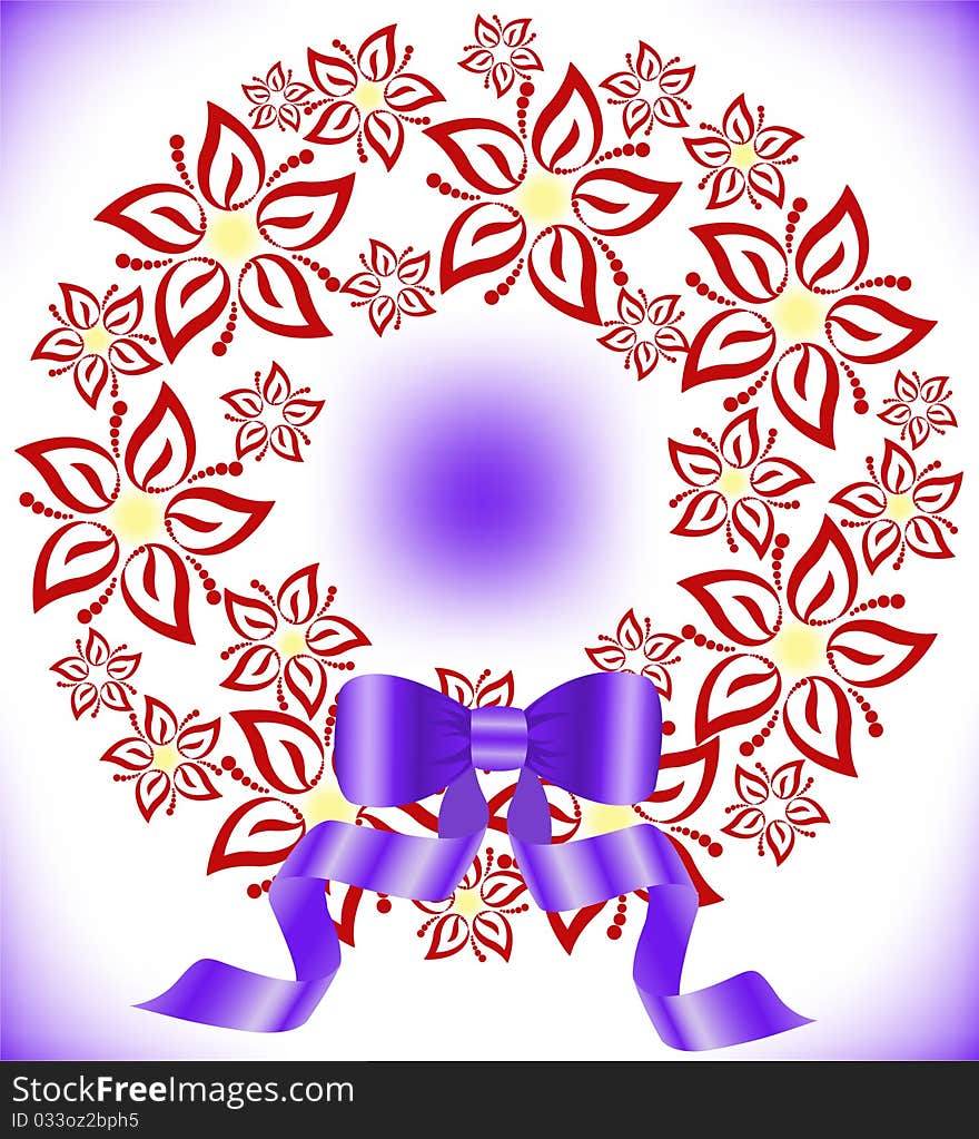 Round wreath of red flowers with a purple bow. Round wreath of red flowers with a purple bow