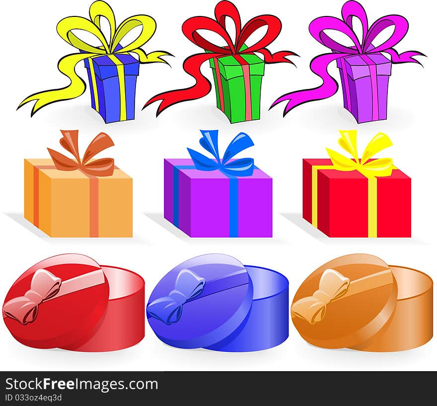 Set of nine colored boxes of various shapes. Set of nine colored boxes of various shapes