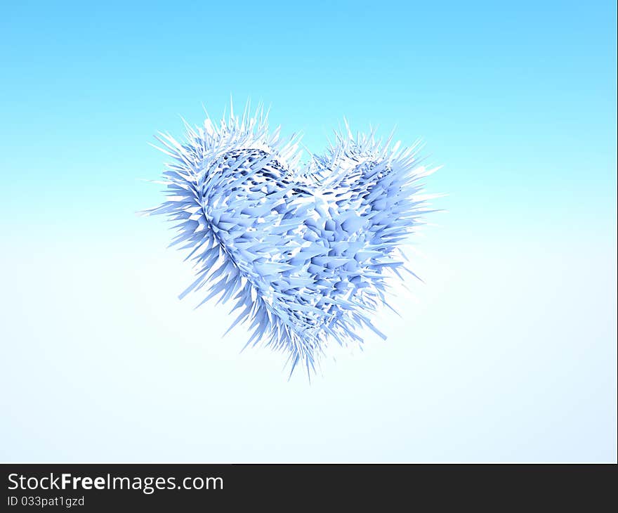 A cold frosted heart floating in a blue sky. A cold frosted heart floating in a blue sky