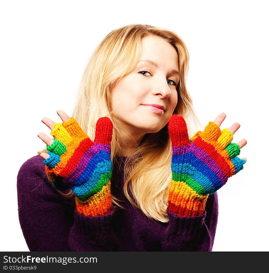 Beauty young woman in colorful gloves