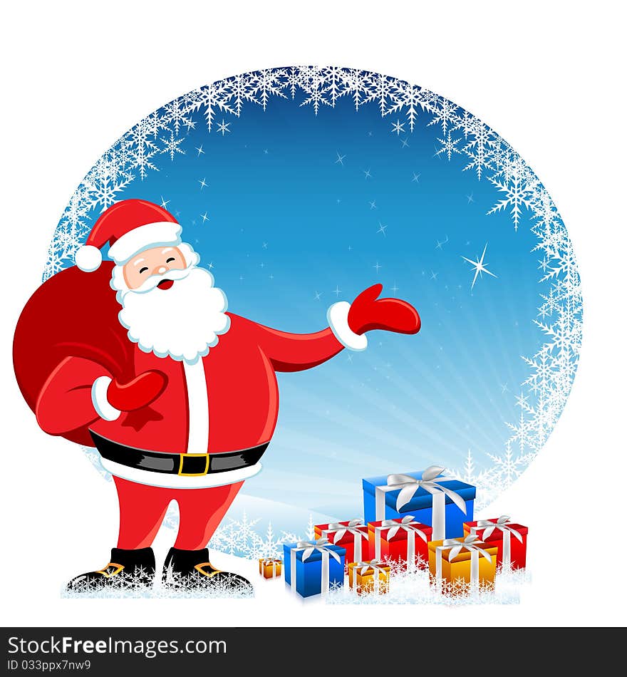 Illustration of santa in christmas card with gifts on white background