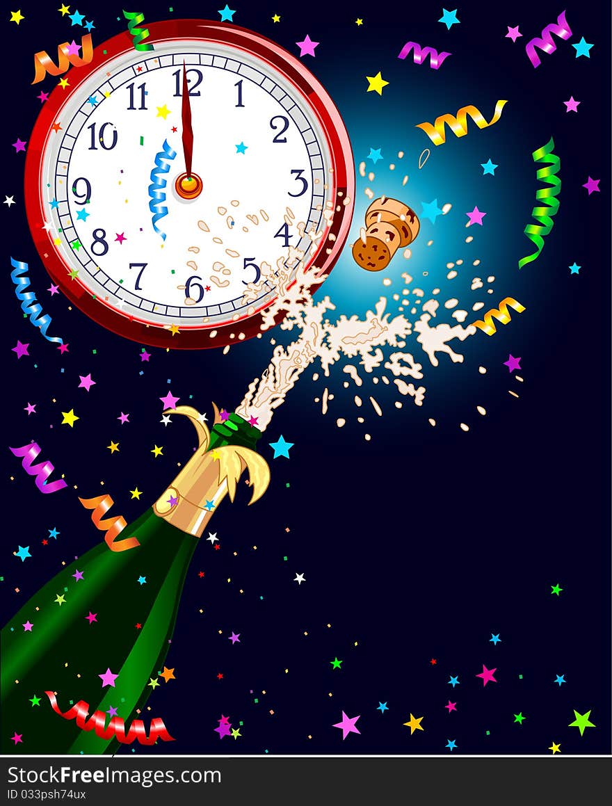 Celebration background with Champagne and clock. Best for New Year�s Eve