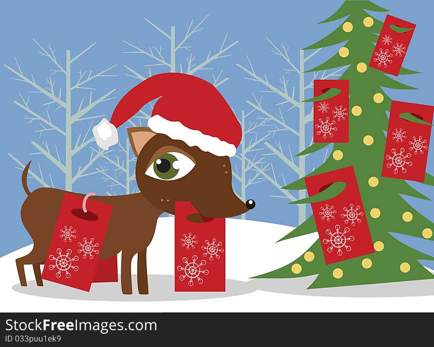 Pinscher puppy with gift bags and Christmas tree. Pinscher puppy with gift bags and Christmas tree