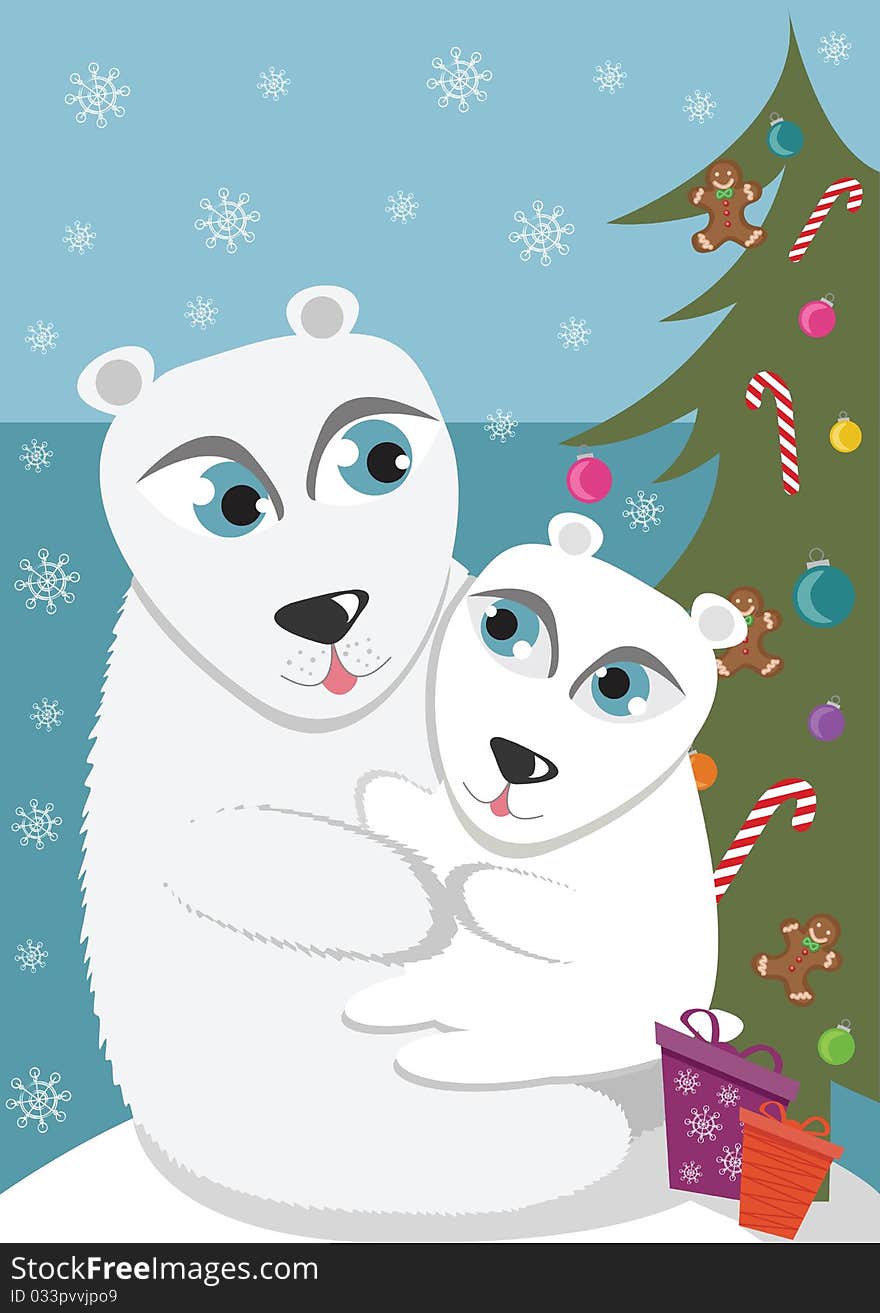 White bears with presents and Christmas tree. White bears with presents and Christmas tree