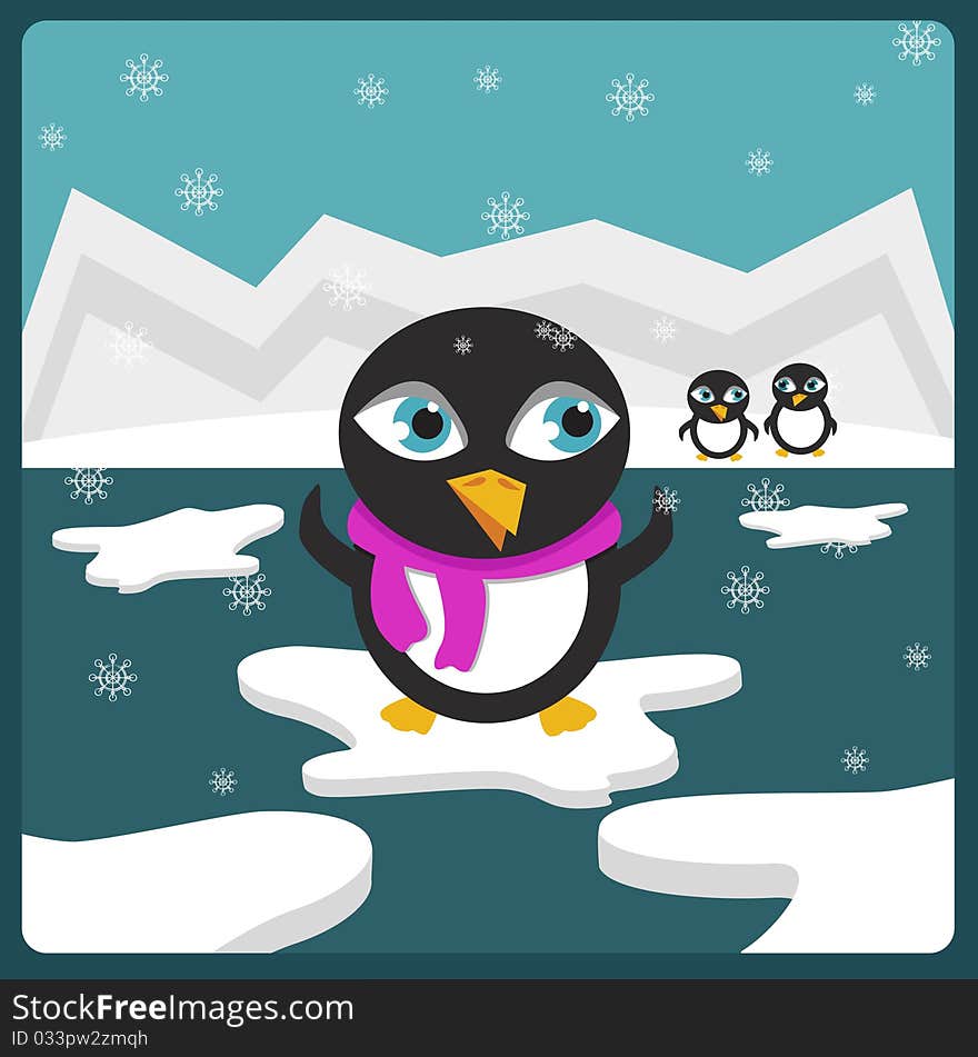 Penguin in a pink scarf with two friends. Penguin in a pink scarf with two friends