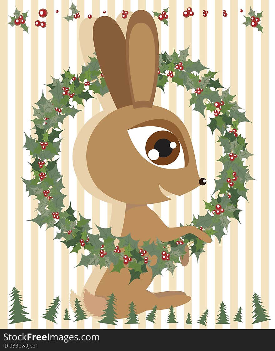 Christmas Rabbit holding wreaths with holly