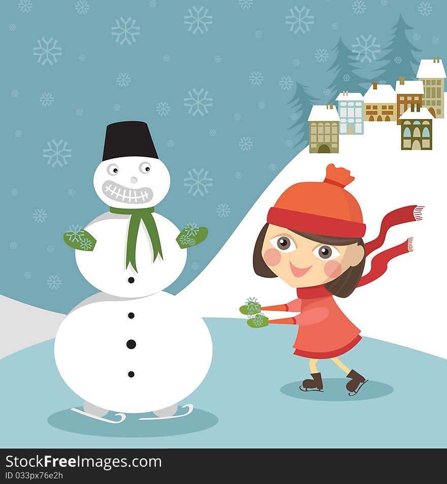 Girl skates with snowman