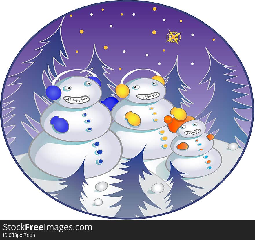 Father, mother and baby snowman standing among fir-trees. Father, mother and baby snowman standing among fir-trees