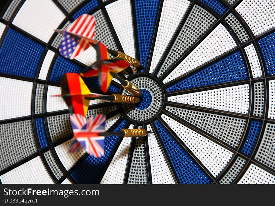 Dartboard with Arrrows from Germany, GB ans USA