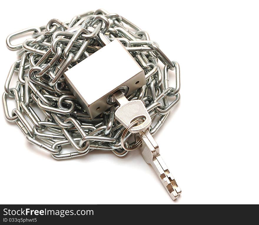 Lock and chain on white background