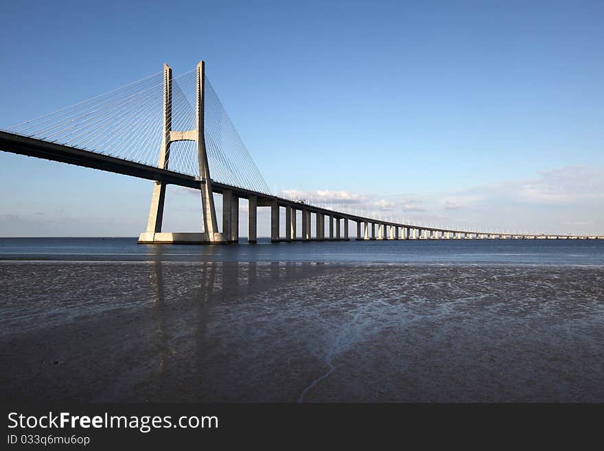 The Vasco da Gama Bridge in Lisbon crosses the Tejo river. It is the longest bridge in Europe with a length of more than 17 km.