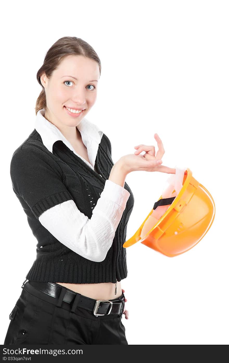 A business woman With cones over white background. A business woman With cones over white background