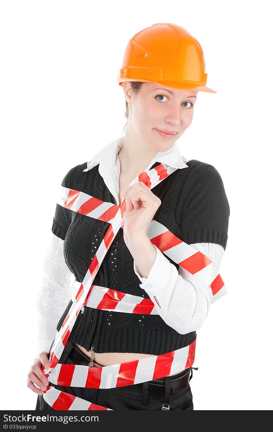 A business woman With cones over white background. A business woman With cones over white background