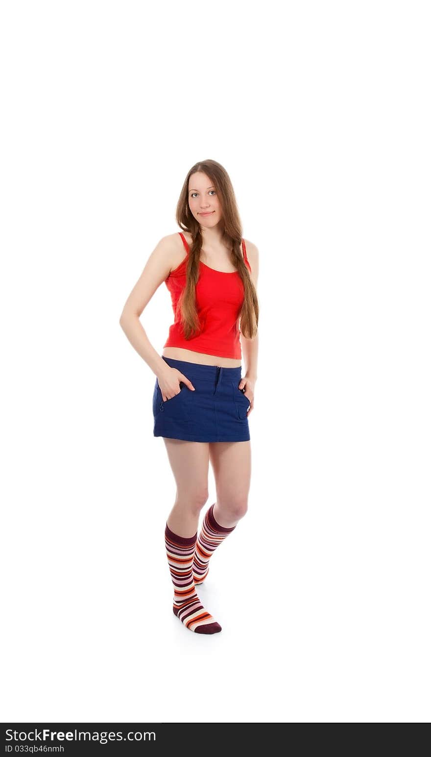 Woman legs in strip sock on white background