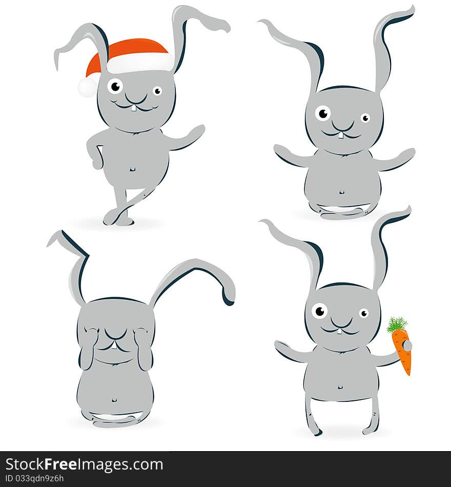 4 Rabbits In Different Poses, Isolated On White Background. 4 Rabbits In Different Poses, Isolated On White Background