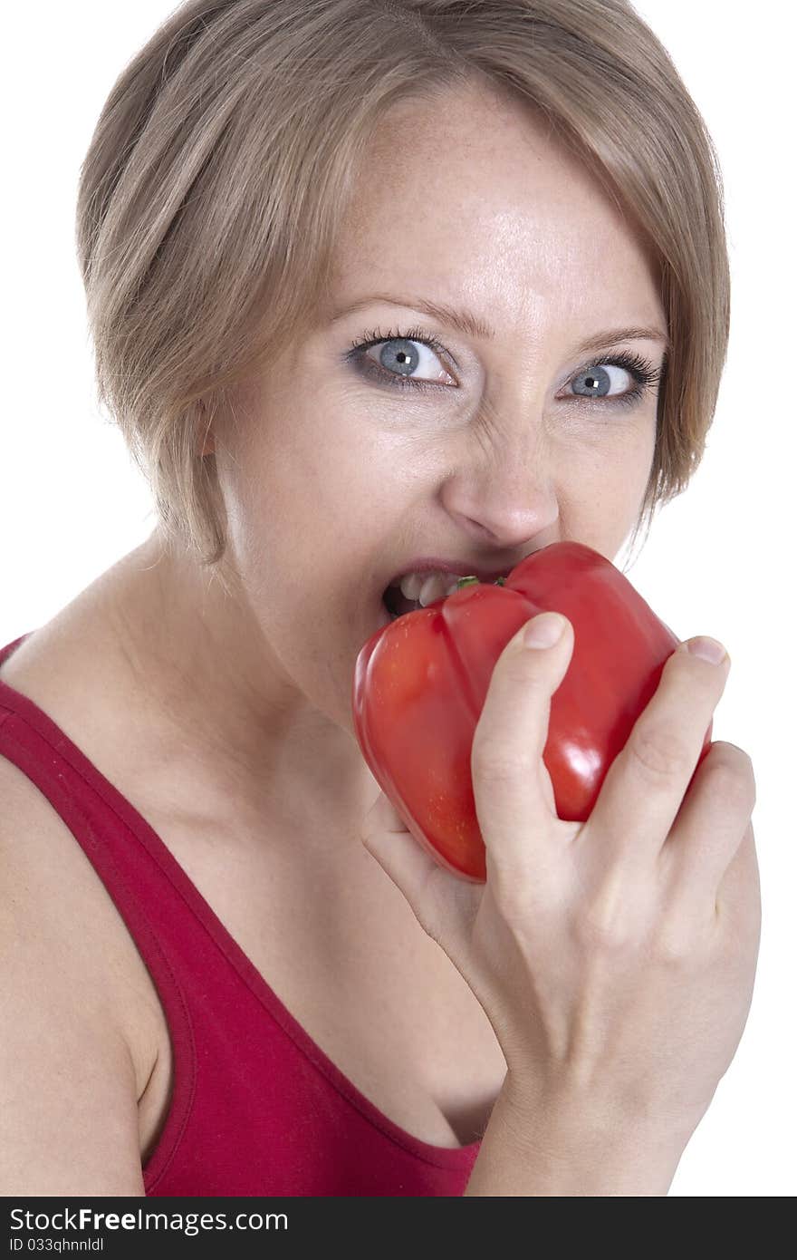 Healthy woman eating. over white background. Healthy woman eating. over white background