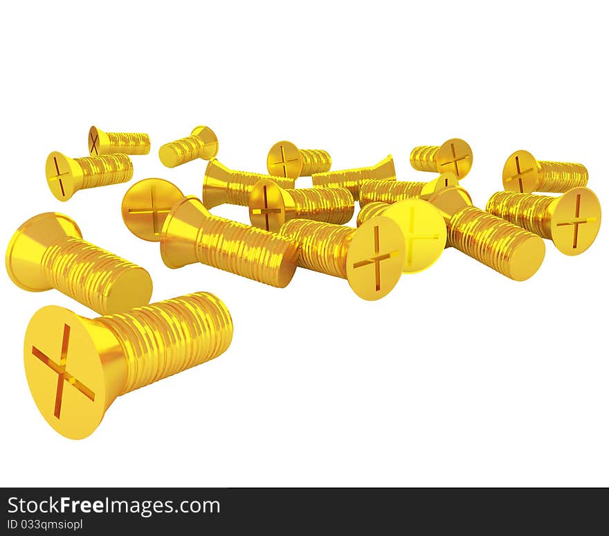 Handful of golden screws isolated on white