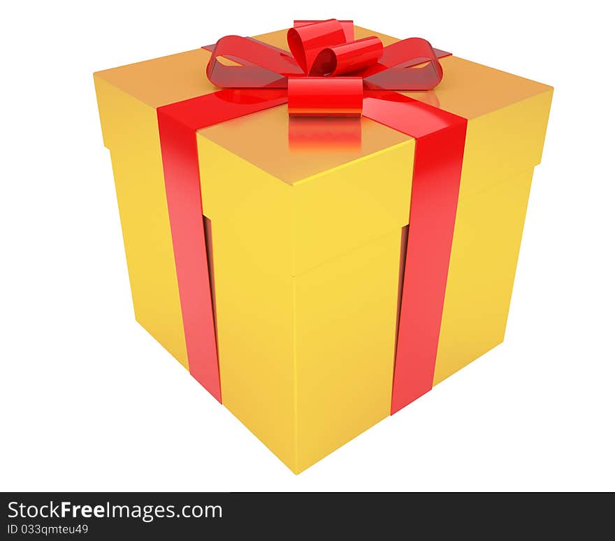 Gold Gift Box With Red Ribbon Isolated