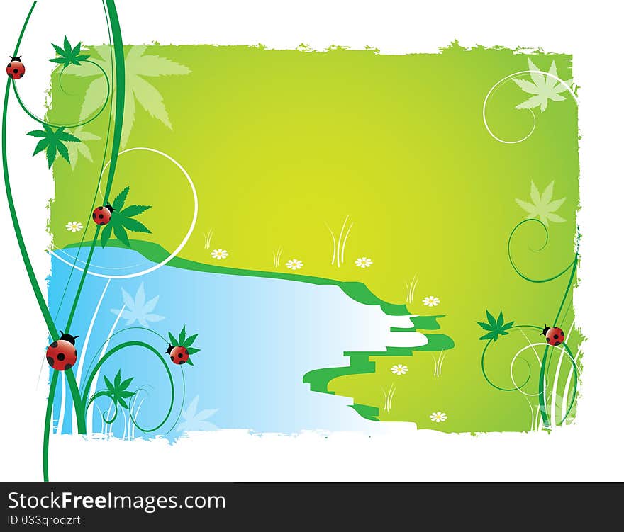 Abstract nature landscape with lake grass flowers ladybug green grass. Abstract nature landscape with lake grass flowers ladybug green grass