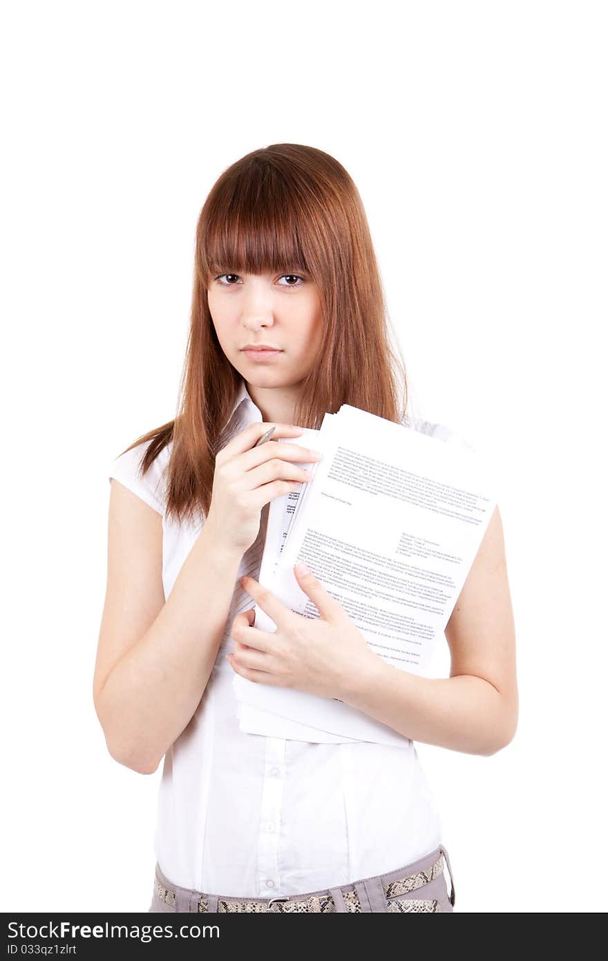 The beautiful girl with documents, on a white background