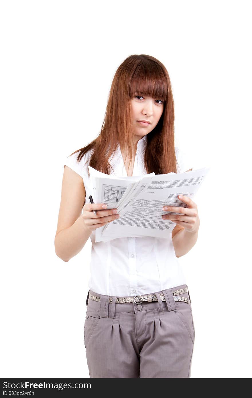 The beautiful girl with documents, on a white background