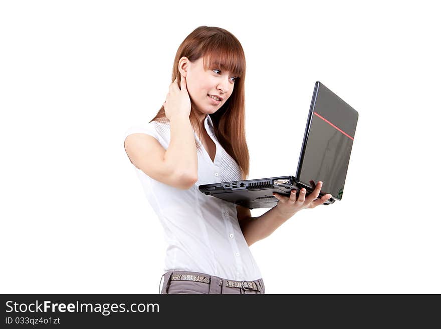 The beautiful girl with the laptop, on a white background