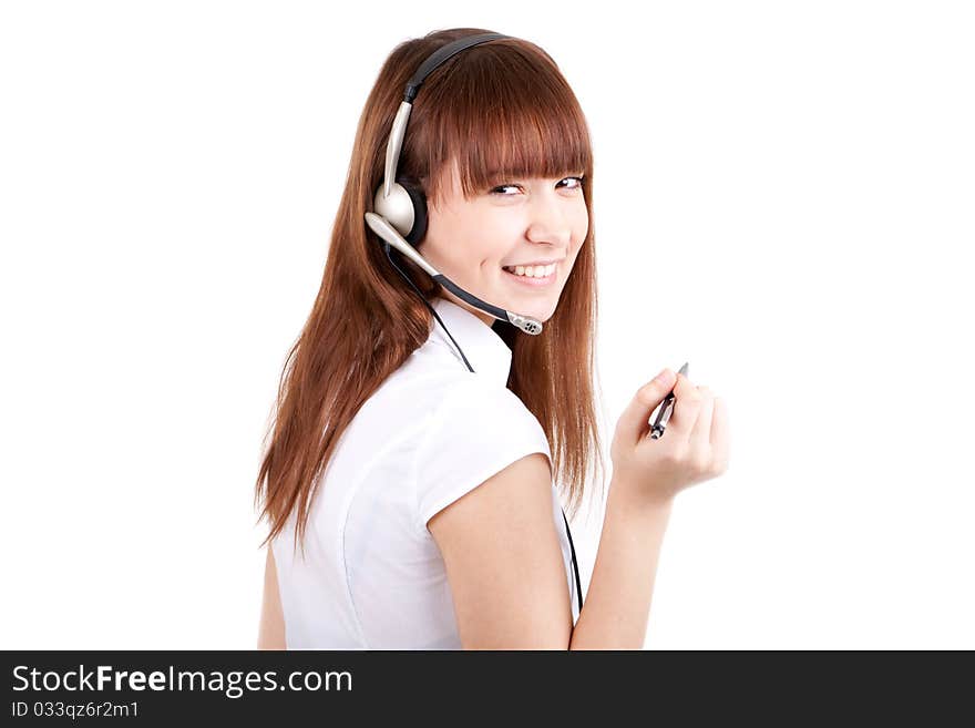 The beautiful girl with ear-phones for Skype. The beautiful girl with ear-phones for Skype