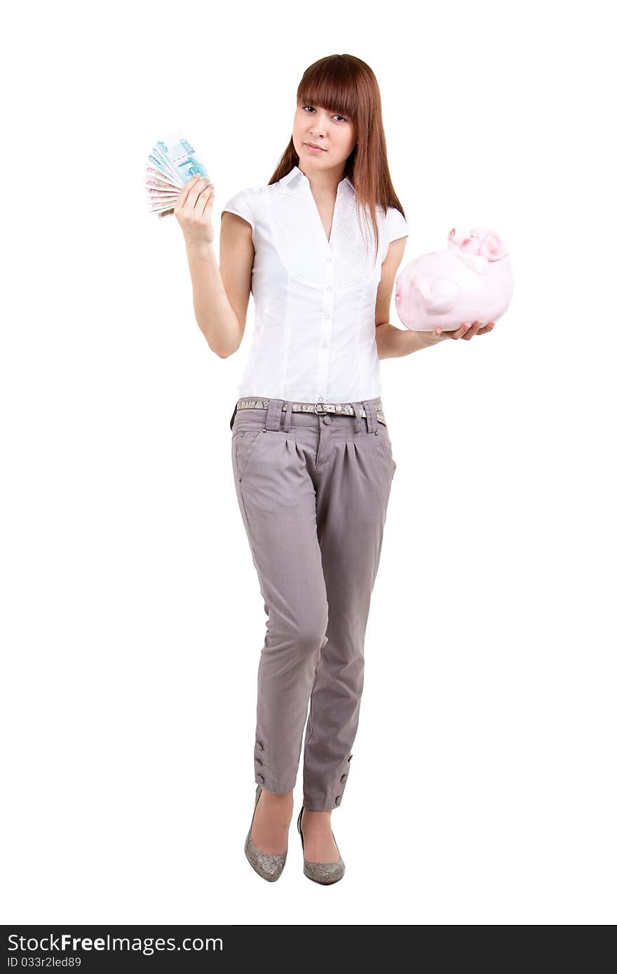 The beautiful girl with a coin box and money. The beautiful girl with a coin box and money