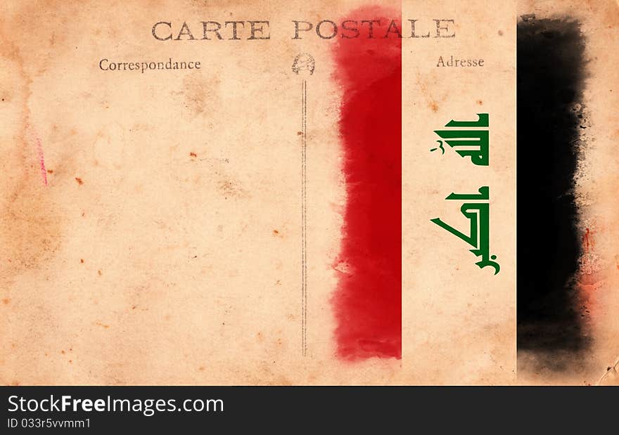 Old Vintage Grunge Postcard Iraq Flag