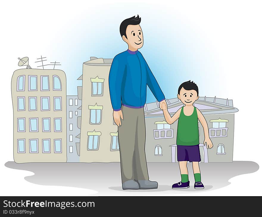 Father and son standing in the street