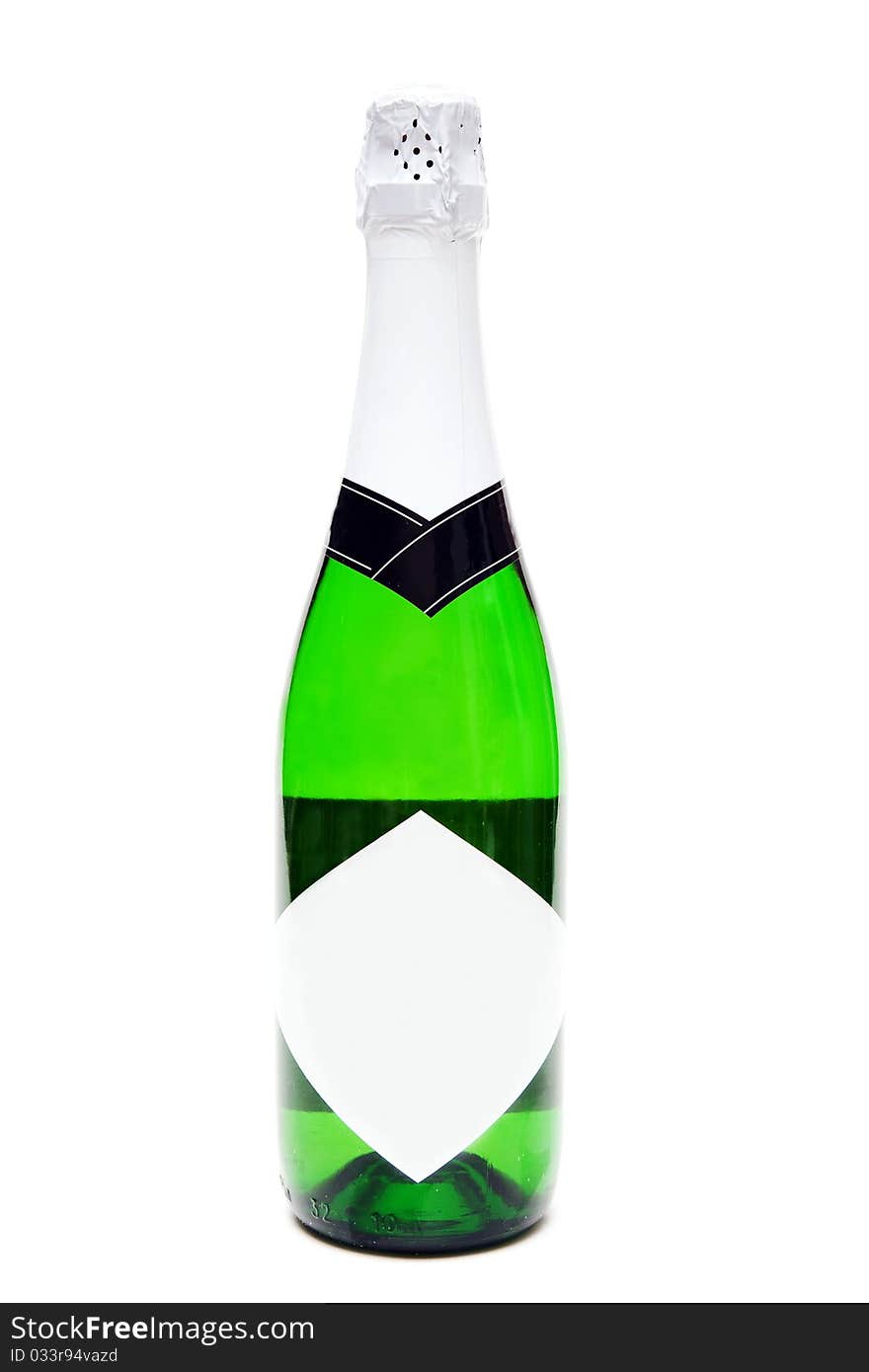 Bottle of champagne with a blank label on a white background