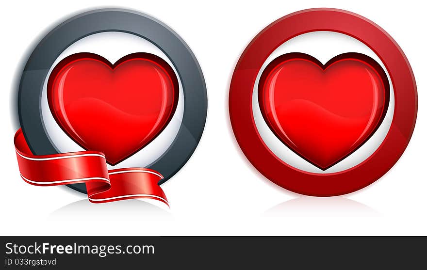 Big red heart in round with ribbon on white background, illustration