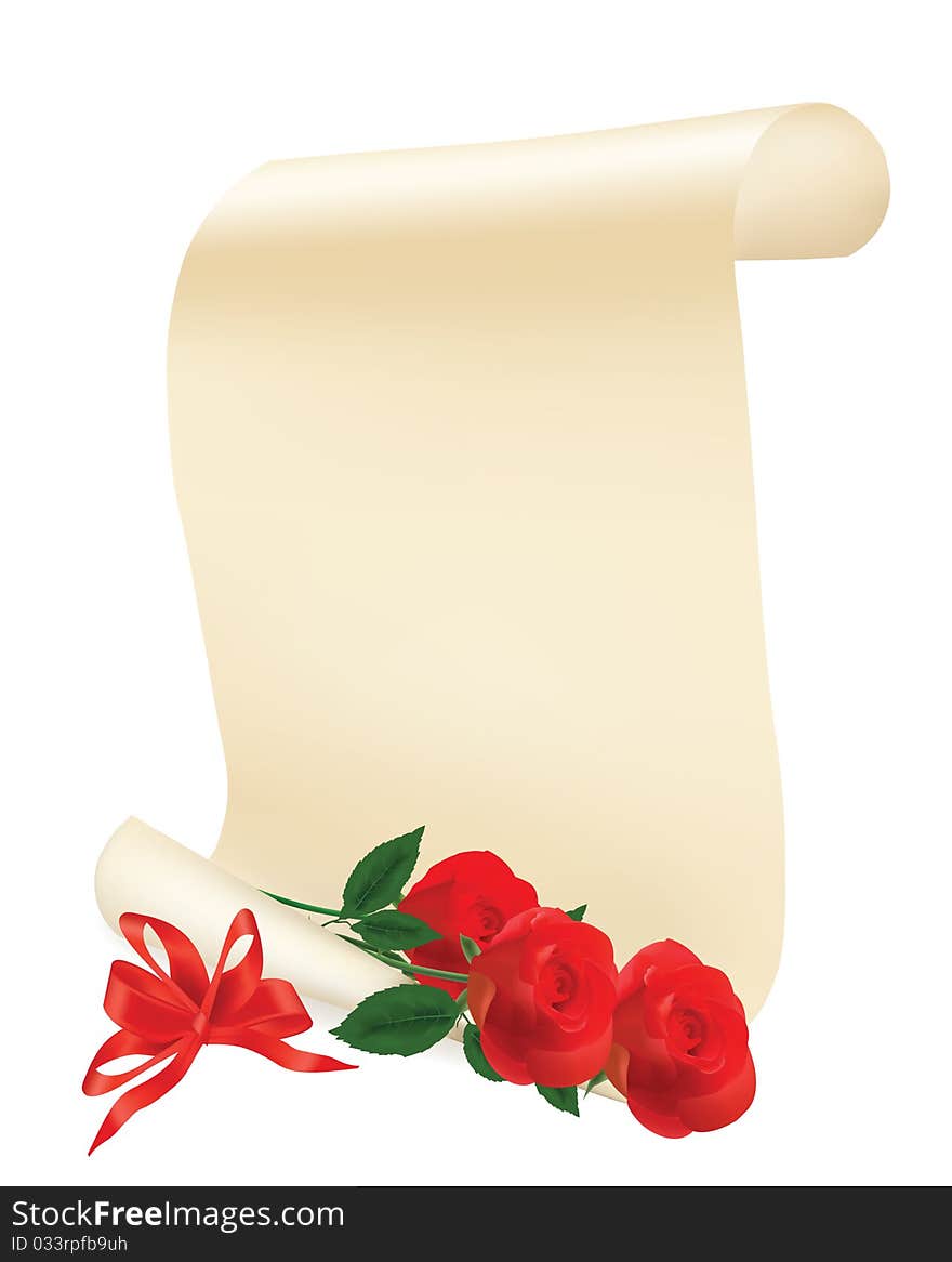 Roll of paper with red roses on a white background