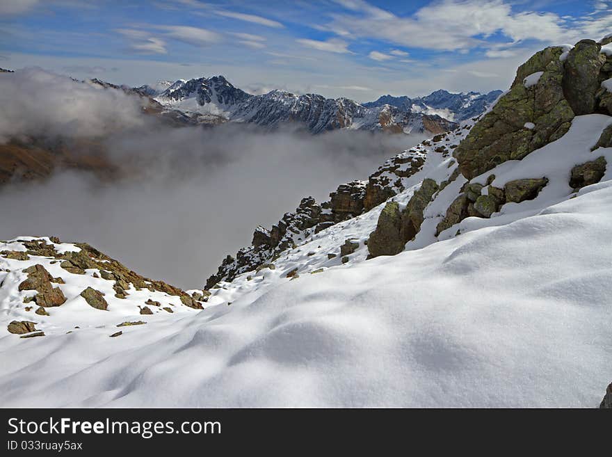 Bocchette Val Massa Pass at 2500 meters on the sea-level, after a fall snowfall. Brixia province, Lombardy region, Italy