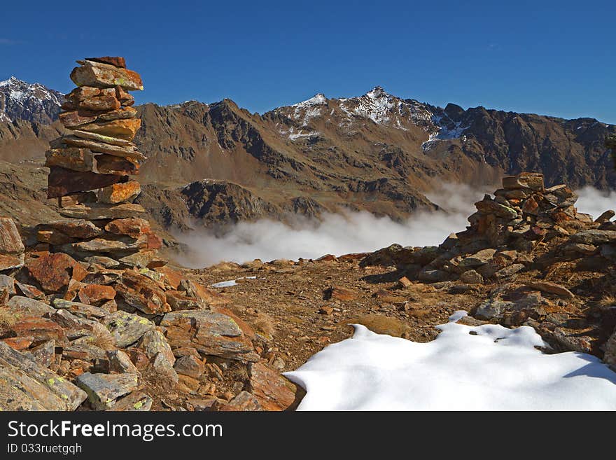 Graole Pass at 2800 meters on the sea-level, after a fall snowfall. Brixia province, Lombardy region, Italy