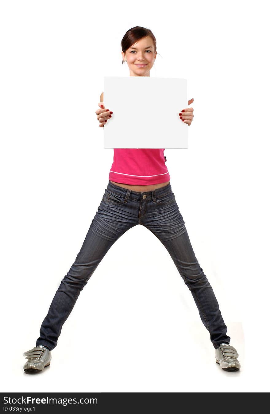 Smiling girl holding gray card against white background. Smiling girl holding gray card against white background.