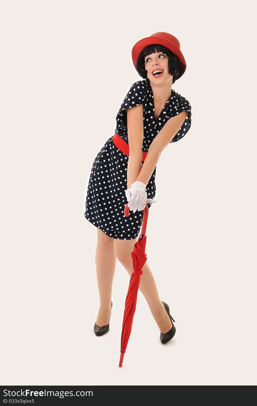 Retro young woman with red umbrella. Retro young woman with red umbrella