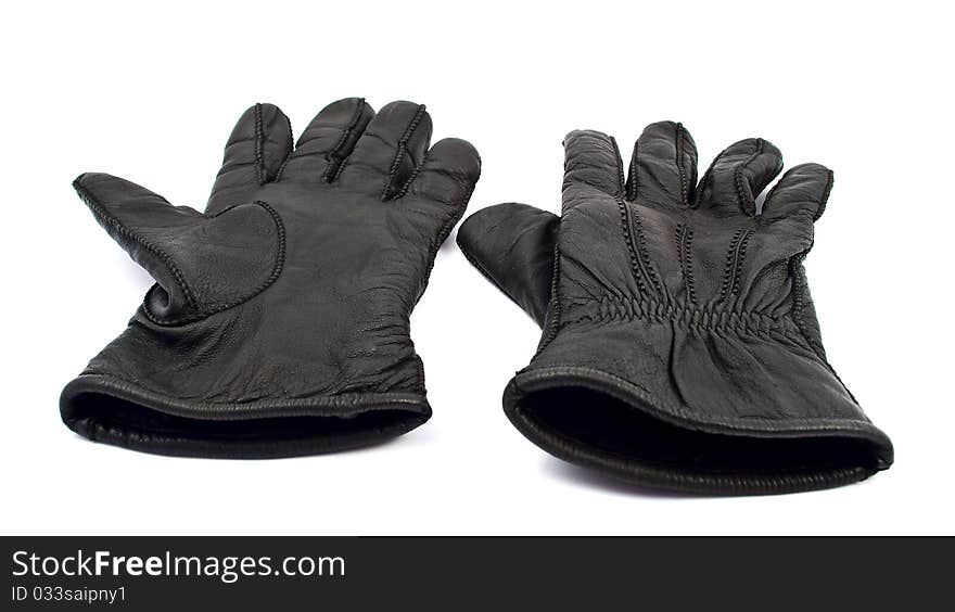 Black leather gloves with a white background