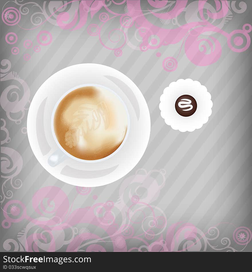 Cup of coffee with candy on floral background