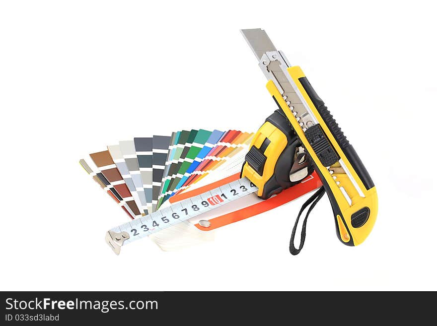 Cutter,Tape Measure,Color Swatch on white background. Cutter,Tape Measure,Color Swatch on white background