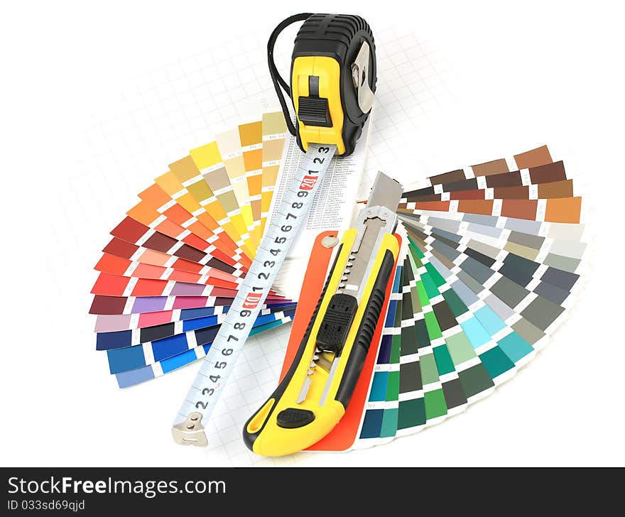 Cutter,Tape Measure,Color Swatch on white background. Cutter,Tape Measure,Color Swatch on white background