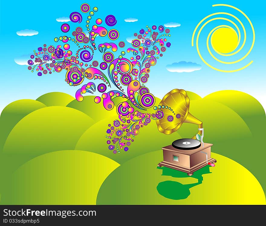 Sounds of music in the form of fireworks from an ancient musical instrument on a green field. Vector illustration. Sounds of music in the form of fireworks from an ancient musical instrument on a green field. Vector illustration