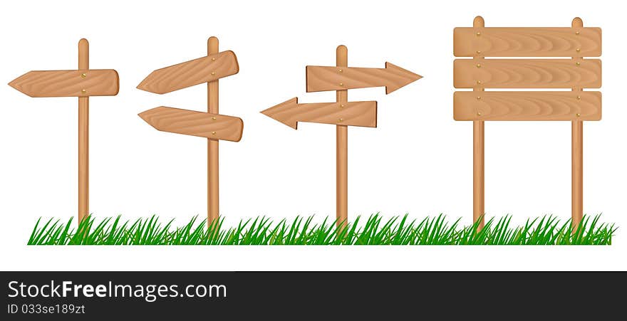 Set of wooden sign with grass . Vector illustration.