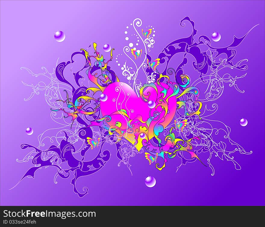 Heart entangled by multi-colored lines on a violet background, illustration